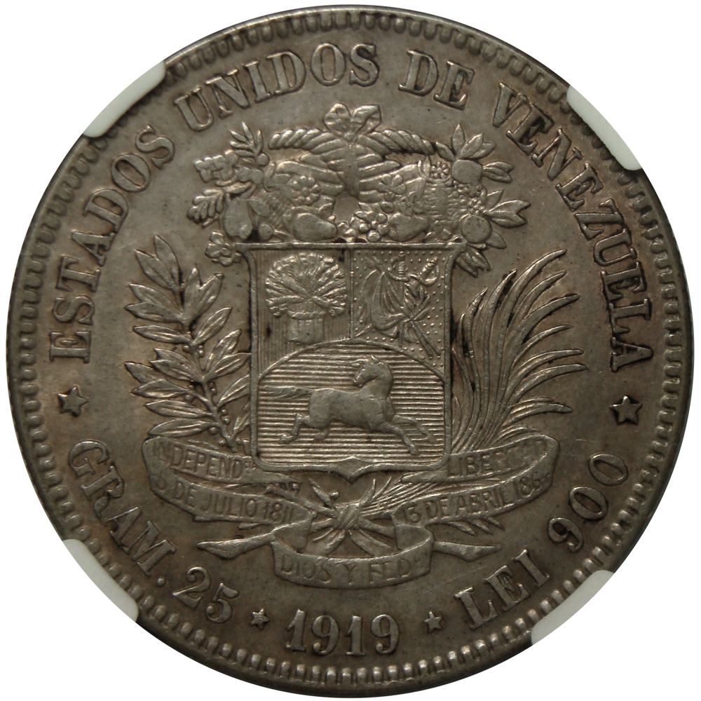 Moneda de Plata 5 Bolívares Fuerte 1919 NGC AU 50  - Numisfila