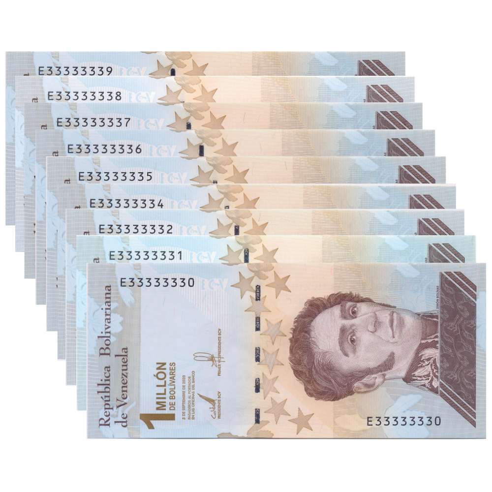 9 Billetes 1 Millón Bolívares 2020 E8 Escalera Incompleta E33333330 al E33333339 Falta Sólido  - Numisfila