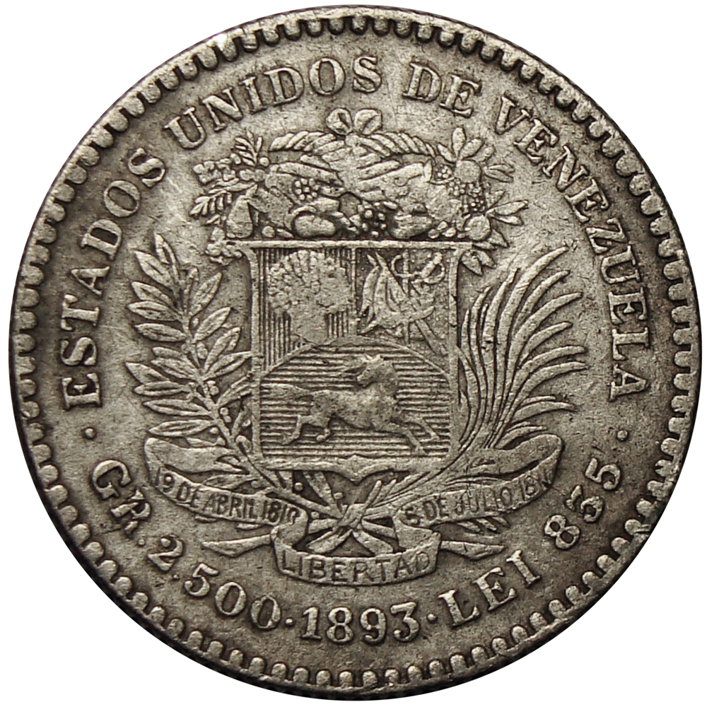 50 Céntimos 1893 Angosta Moneda de Plata ½ Bolívar - Real - Numisfila