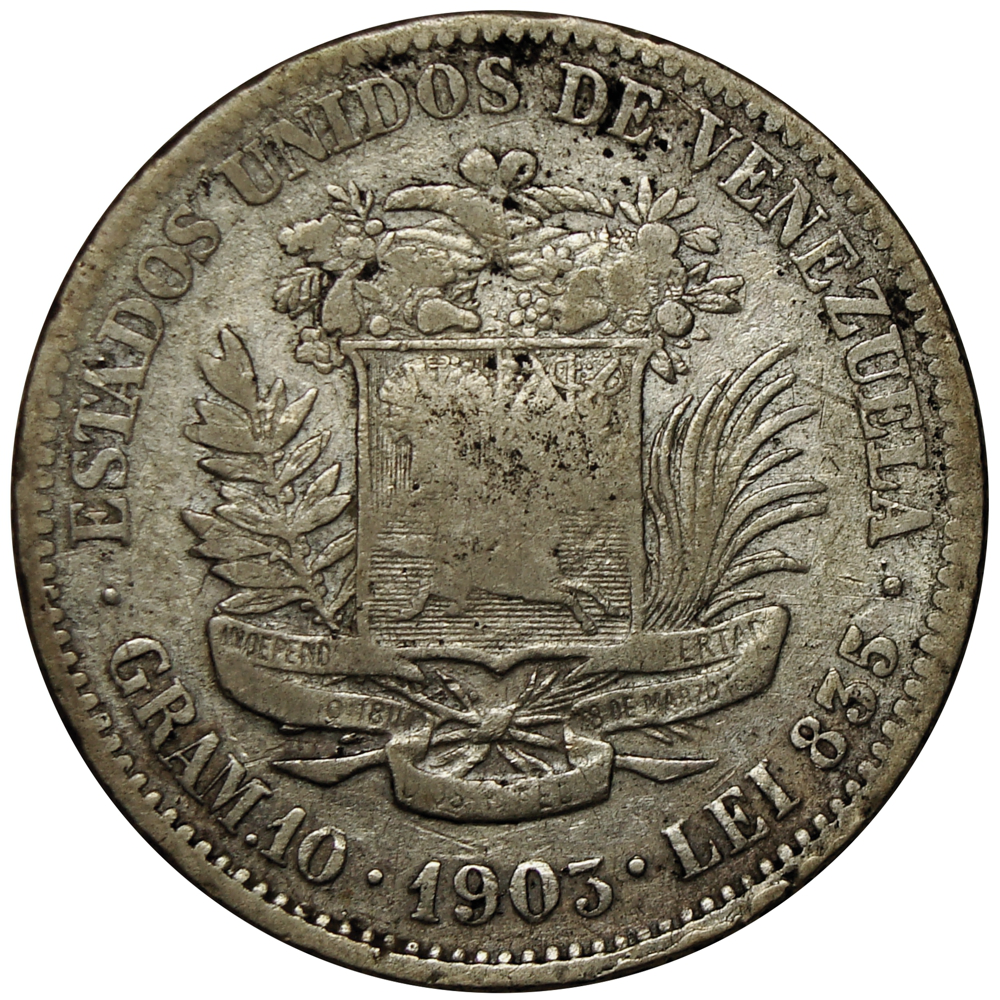 Difícil Moneda de Plata 2 Bolívares 1903 Normal - Numisfila