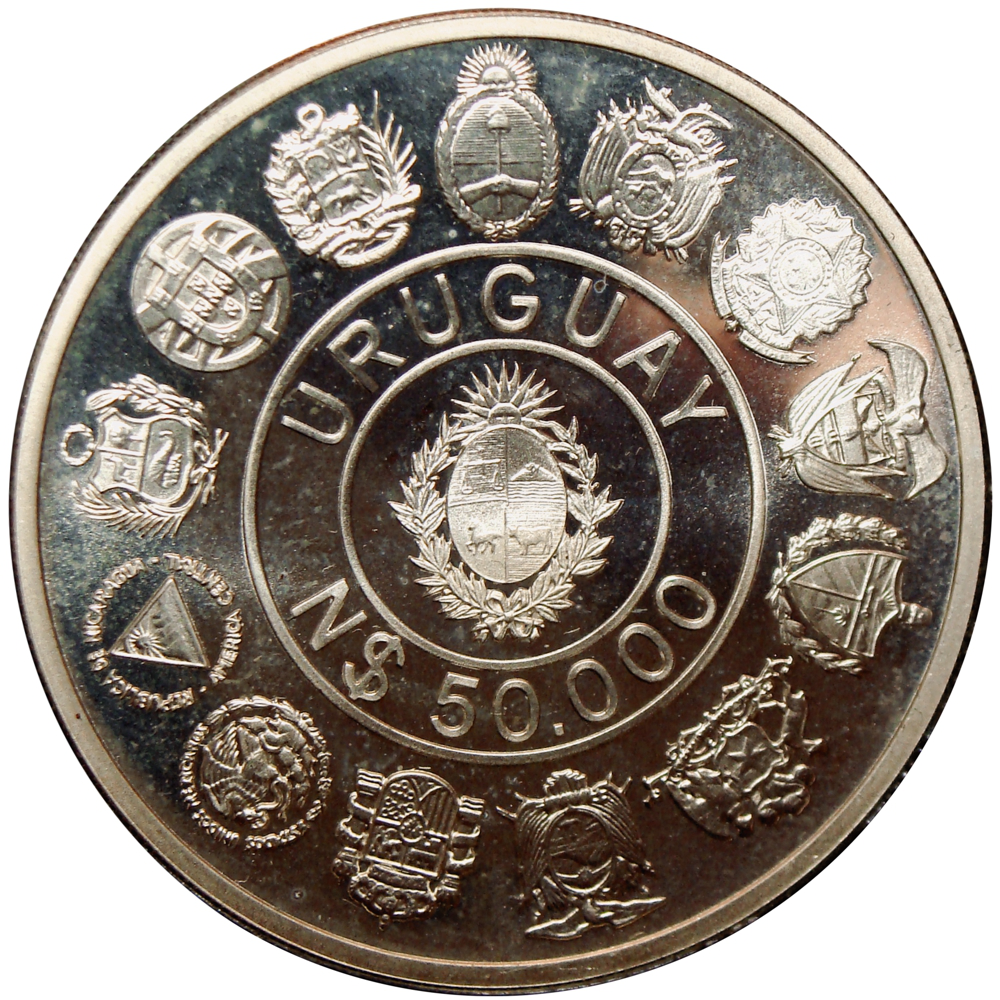 Moneda Uruguay 50.000 Nuevos Pesos 1991 Encuentro de Dos Mundos  - Numisfila