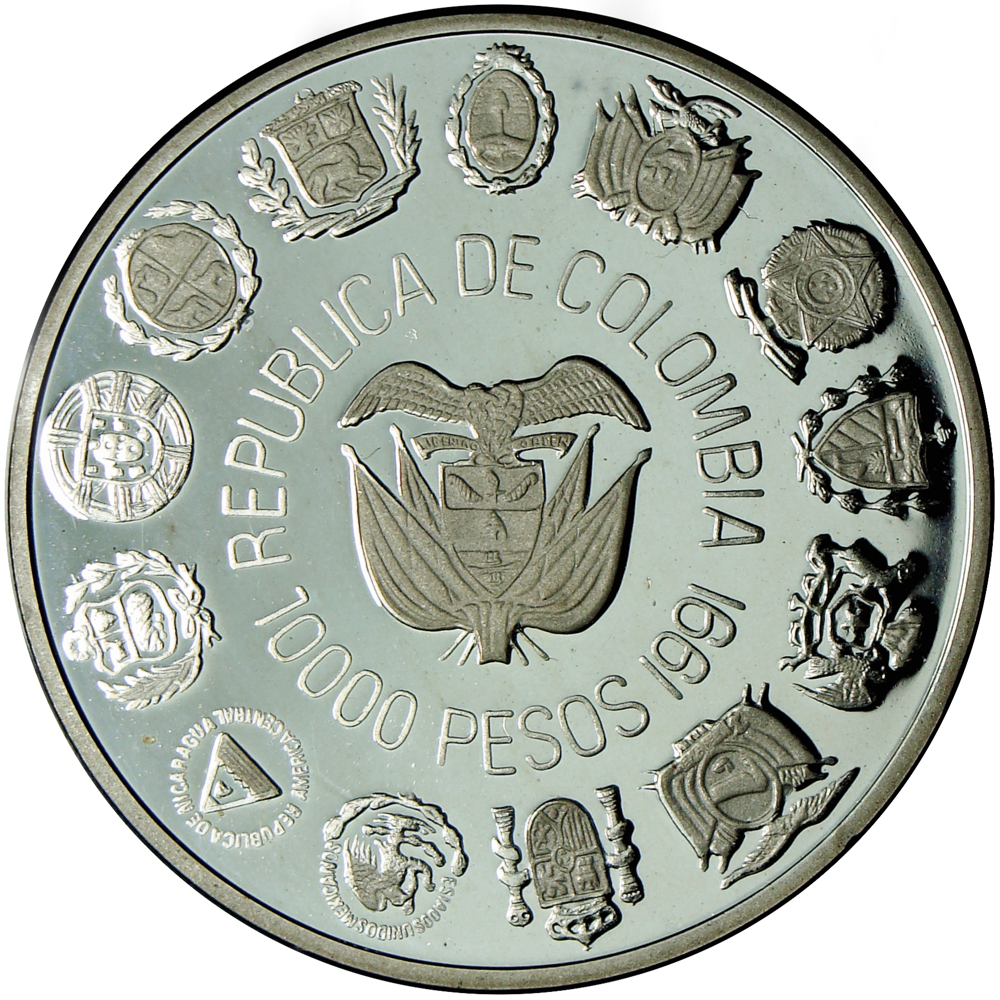 Moneda de Plata Colombia 10.000 Pesos 1991 Encuentro Dos Mundos   - Numisfila