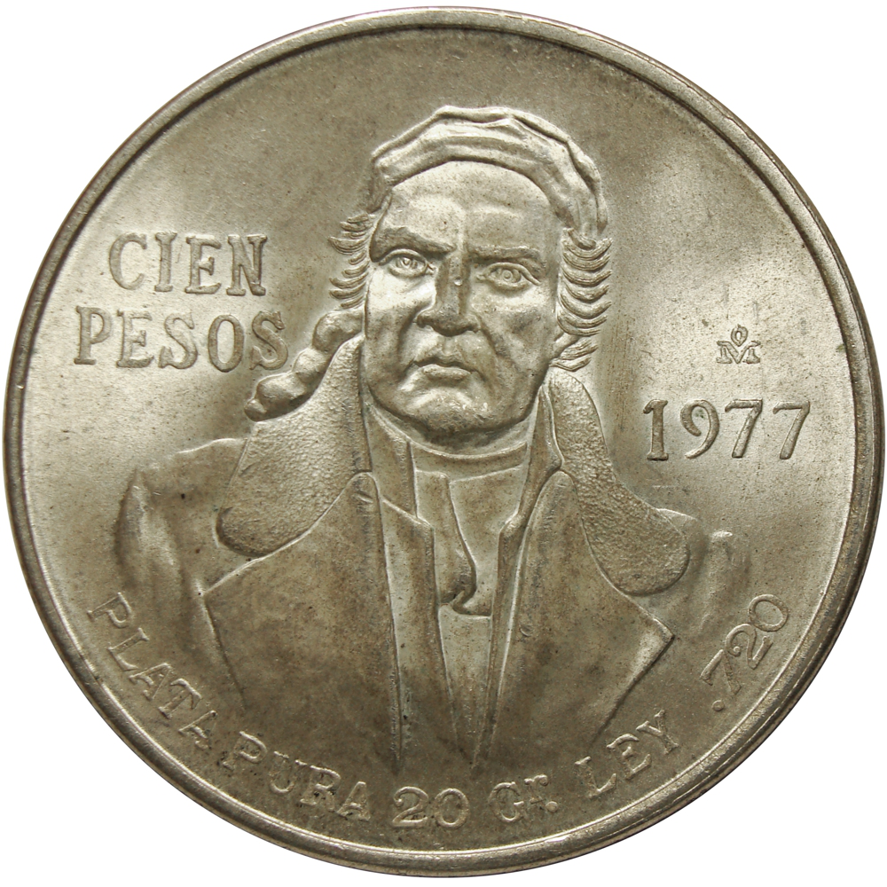 Moneda de Plata Mexico 100 Pesos 1977 Morelos  - Numisfila
