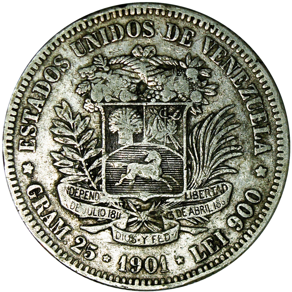 Fuerte 1901 Moneda de Plata 5 Bolívares - Numisfila