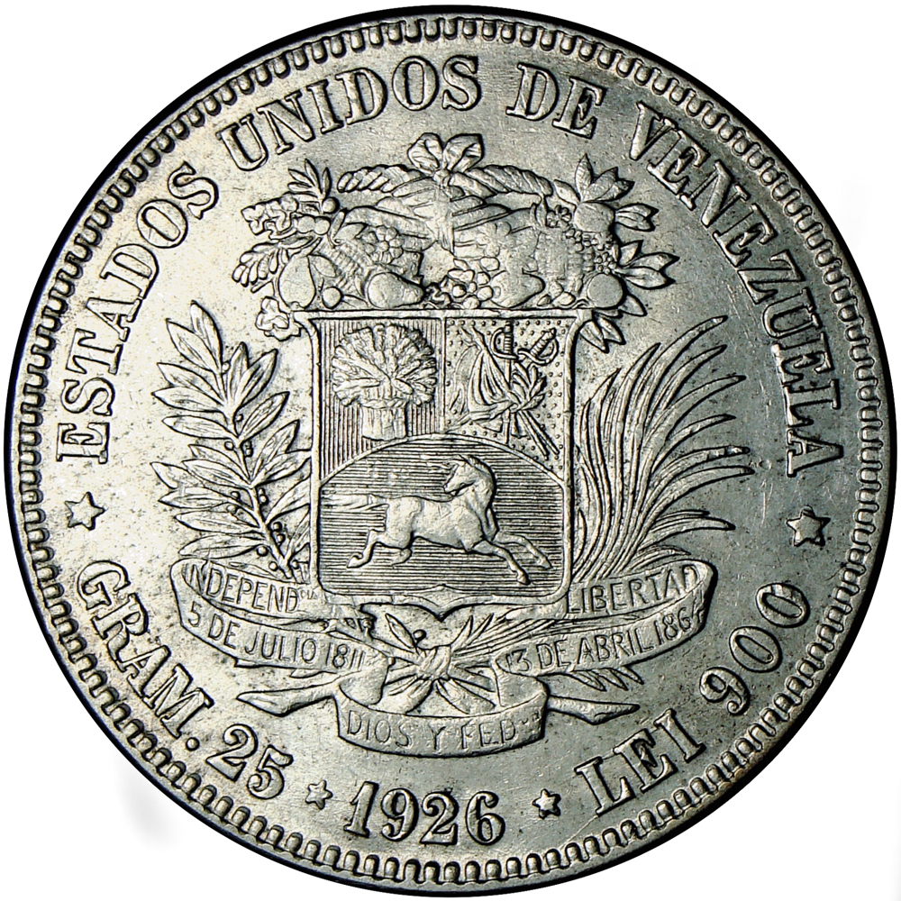 Fuerte Moneda de Plata 5 Bolívares 1926 Fecha Normal - Numisfila