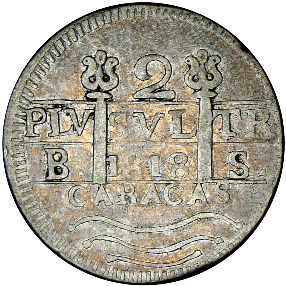 Moneda Provincia de Caracas 2 Reales 1818 B.S. León Castillo Morillera - Numisfila
