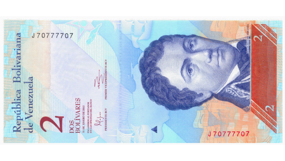 Billete 2 Bolívares Enero 2012 J8 Capicúa J70777707  - Numisfila