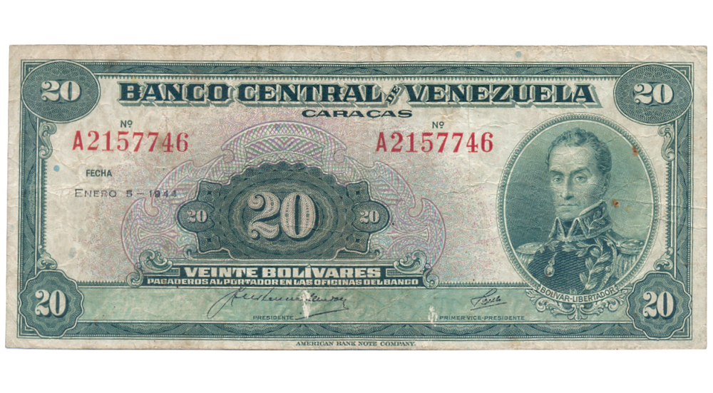 Billete 20 Bolívares Enero 1944 A7 Serial A2157746 - Numisfila
