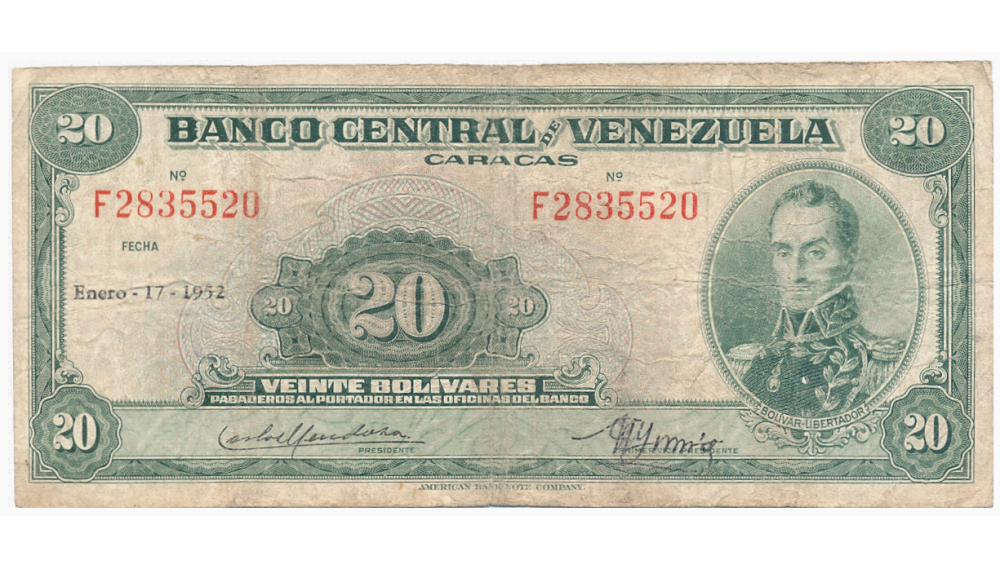 Billete 20 Bolívares Enero 1952 F7 Serial F2835520 - Numisfila