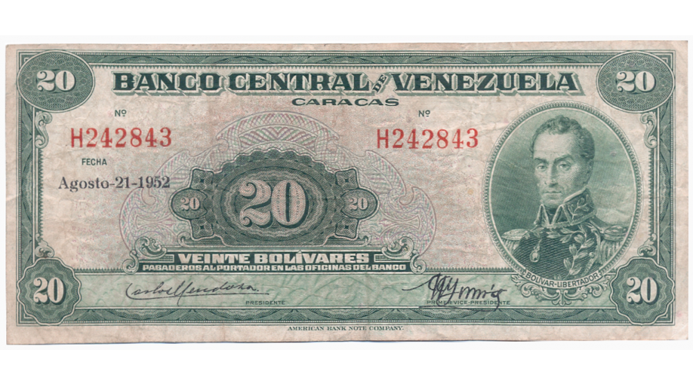 Billete 20 Bolívares Agosto 1952 H6 Serial H242843  - Numisfila