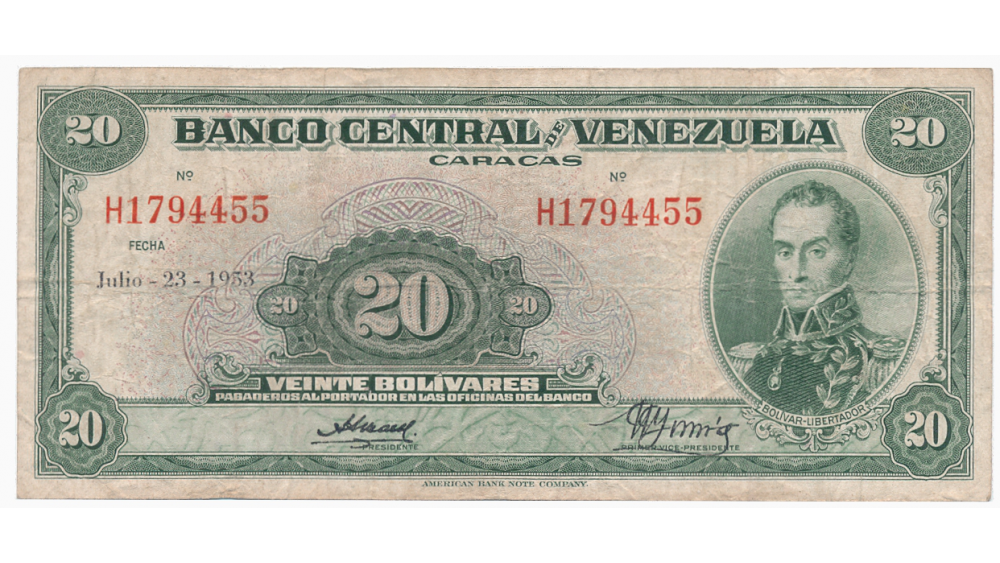 Billete 20 Bolivares Julio 23 1953 H7 Serial  H1794455  - Numisfila