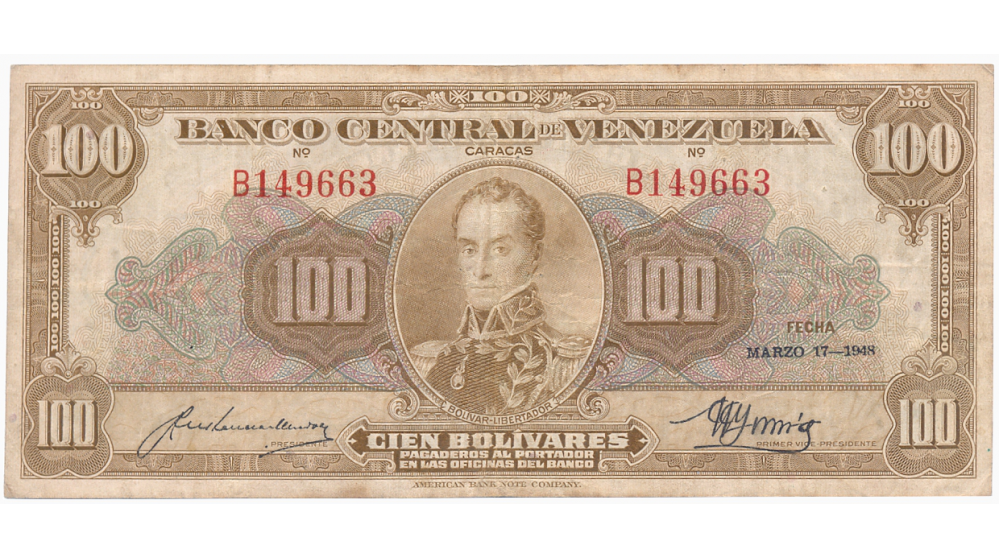 Billete 100 Bolívares Marzo 1948 B6 Serial B149663 - Numisfila