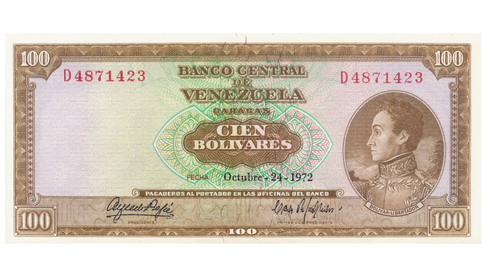 Billete 100 Bolívares Octubre 1972 D7 Serial D4871423 - Numisfila