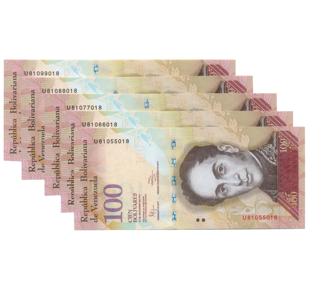 5 Billetes Capicúas 100 Bolívares Diciembre 2012 U8 Seriales U81055018 al U81099018 - Numisfila