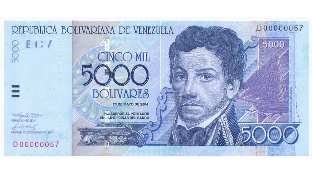 Billete 5000 Bolívares 2004 D8 Serial Bajo D00000057  - Numisfila