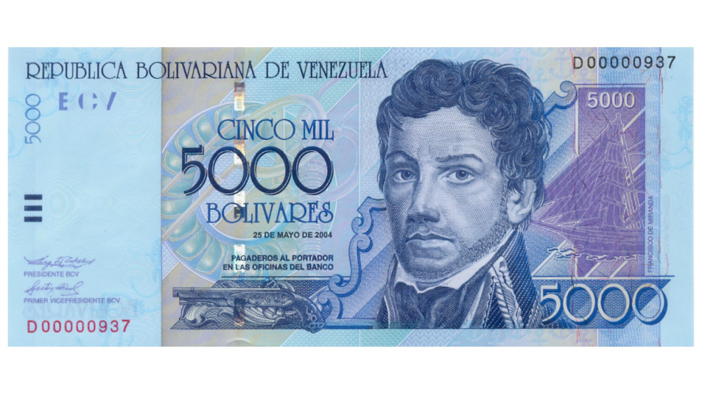 Billete 5000 Bolívares 2004 D8 Serial Bajo D00000937 - Numisfila