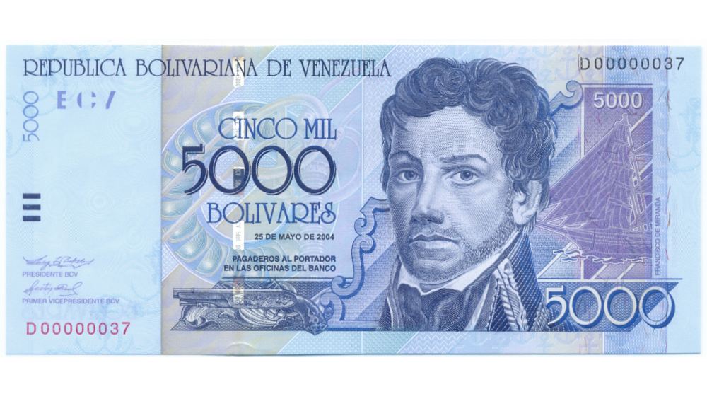 Billete 5000 Bolívares 2004 D8 Serial Bajo D00000037  - Numisfila