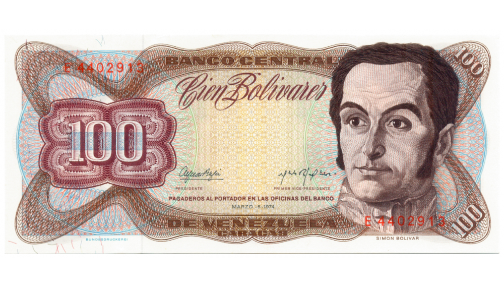Billete 100 Bolívares 1974 E7 Serial Rojo E4402913 - Numisfila