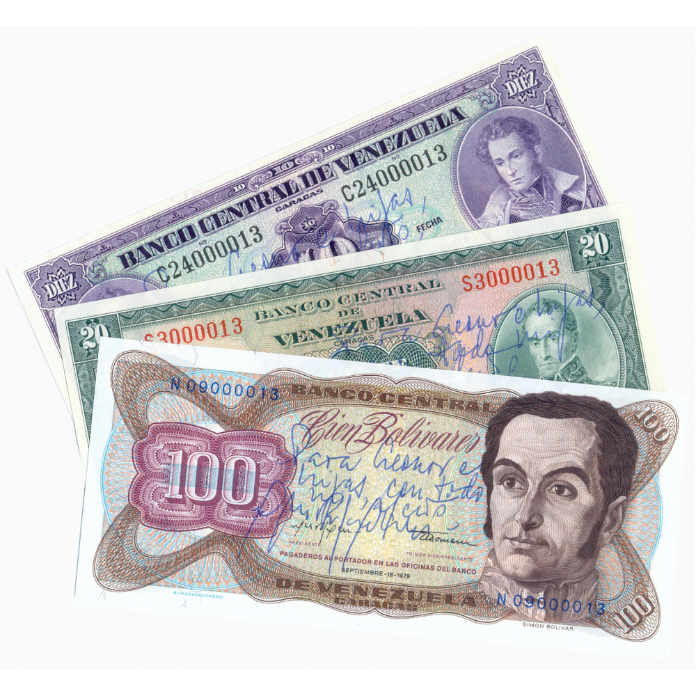 Raro Trío billetes Seriales Bajos Nro. 13 firmados por Carlos Rafael Silva Presidente BCV 1979 y Vicepresidente 1971 - Numisfila