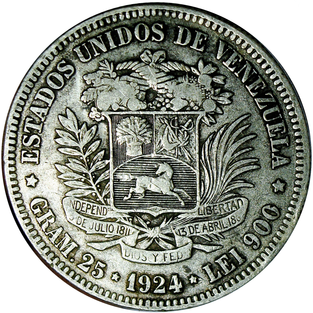 Moneda de Plata 5 Bolívares 1924 Fuerte - Numisfila
