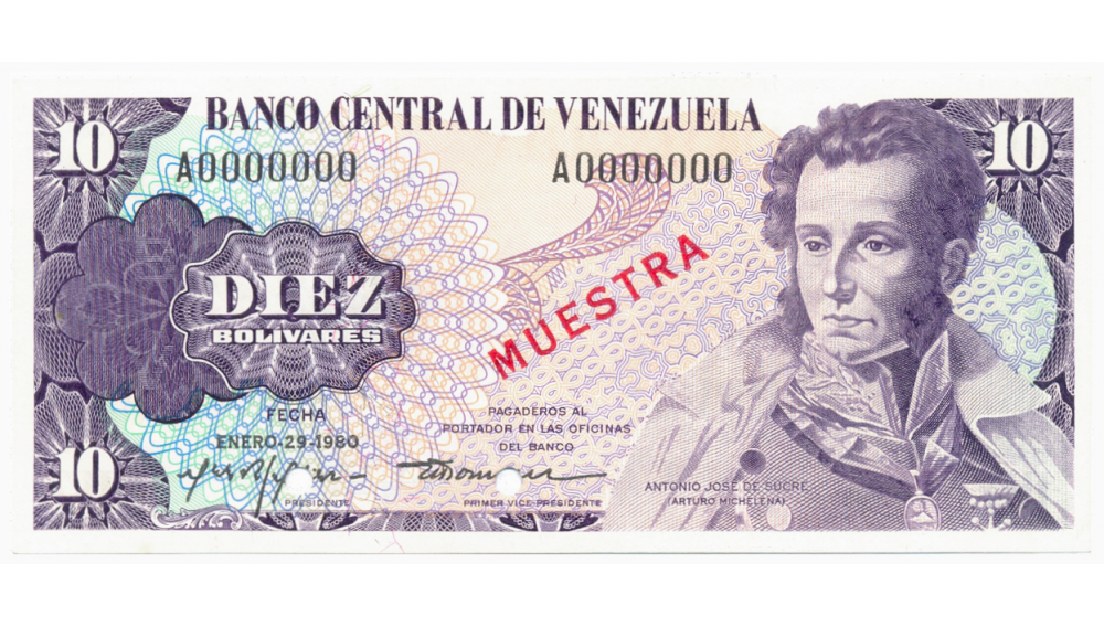 Billete Muestra 10 Bolívares 1980 Serial A0000000 - Numisfila