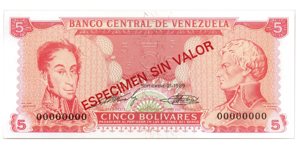 Billete Especimen Sin Valor 5 Bolívares 1989  - Numisfila