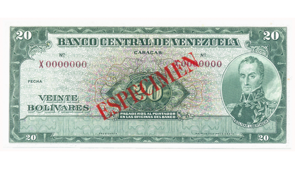 Billete Especimen Sin Valor 20 Bolívares 1960/1966 X0000000  - Numisfila