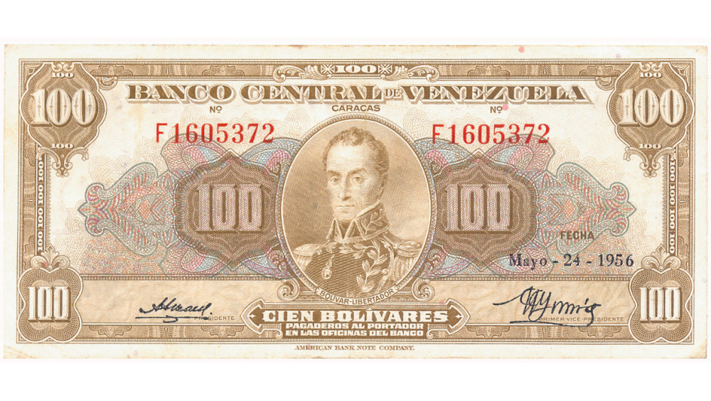 Billete 100 Bolívares Mayo 1956 F7 Serial F1605372 - Numisfila