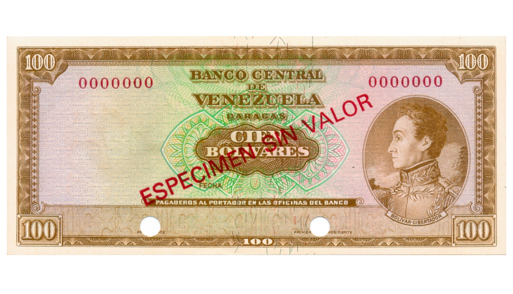Billete Especimen Sin Valor 100 Bolívares 1963/73  - Numisfila