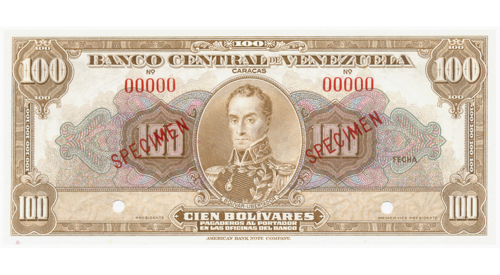 Billete Specimen Sin Valor 100 Bolívares 1940-53 E.E.U.U. - Numisfila