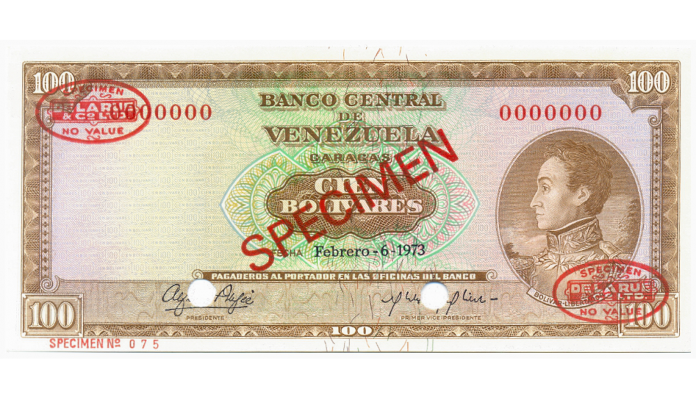 Billete Specimen De La Rue & Co. 100 Bolívares Febrero 1973 #075 - Numisfila