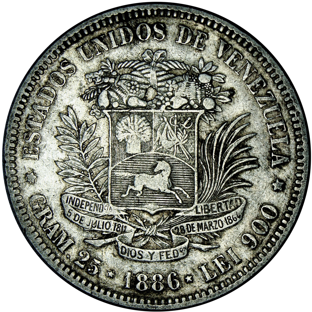 Fuerte Moneda de Plata 5 Bolívares 1886 Fecha Normal - Numisfila