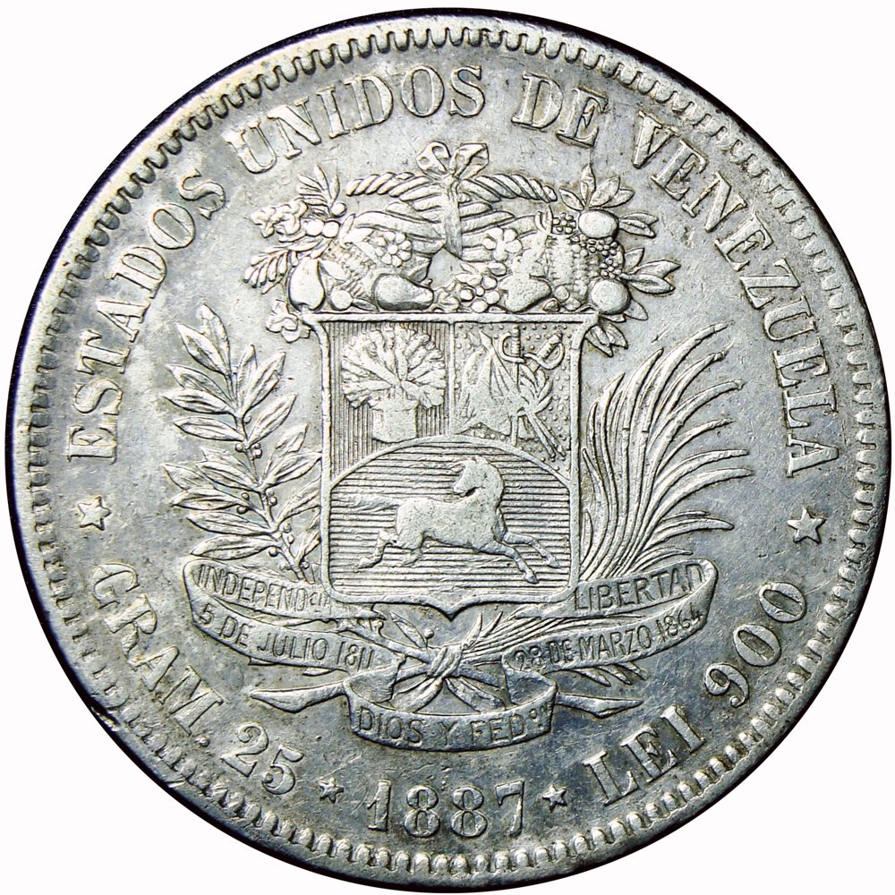 Excelente Fuerte Moneda de Plata 5 Bolívares 1887 - Numisfila