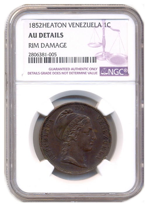 Moneda Centavo Monaguero 1852 Libertad Heaton 31.5 mm NGC AU Details - Numisfila