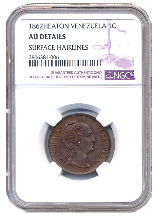 Libertad Moneda Centavo Monaguero 1862 NGC AU Details - Numisfila