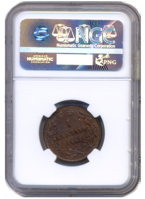 Libertad Moneda Centavo Monaguero 1862 NGC AU Details  - Numisfila