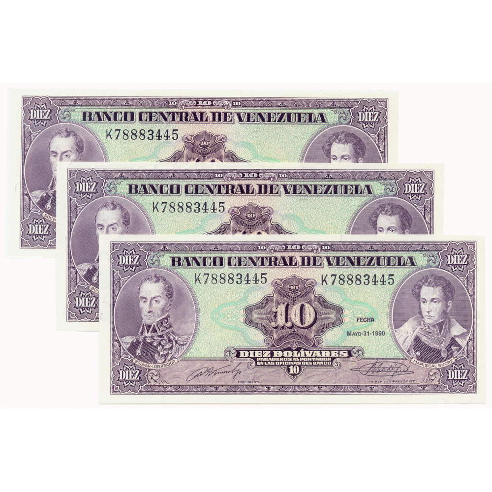 Trío Billetes 10 Bolívares 1990 Mismo Serial K78883445, 2 con Un Solo Serial  - Numisfila