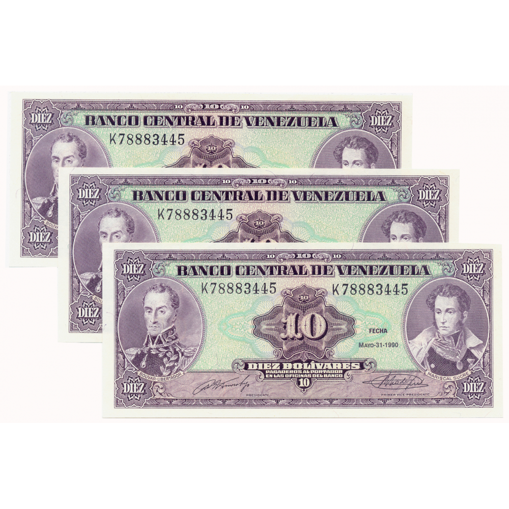 Trío Billetes 10 Bolívares 1990 Mismo Serial K78883445, 2 con Un Solo Serial - Numisfila