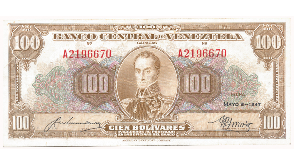 Billete 100 Bolívares Mayo 1947 A7 Serial A2196670 - Numisfila