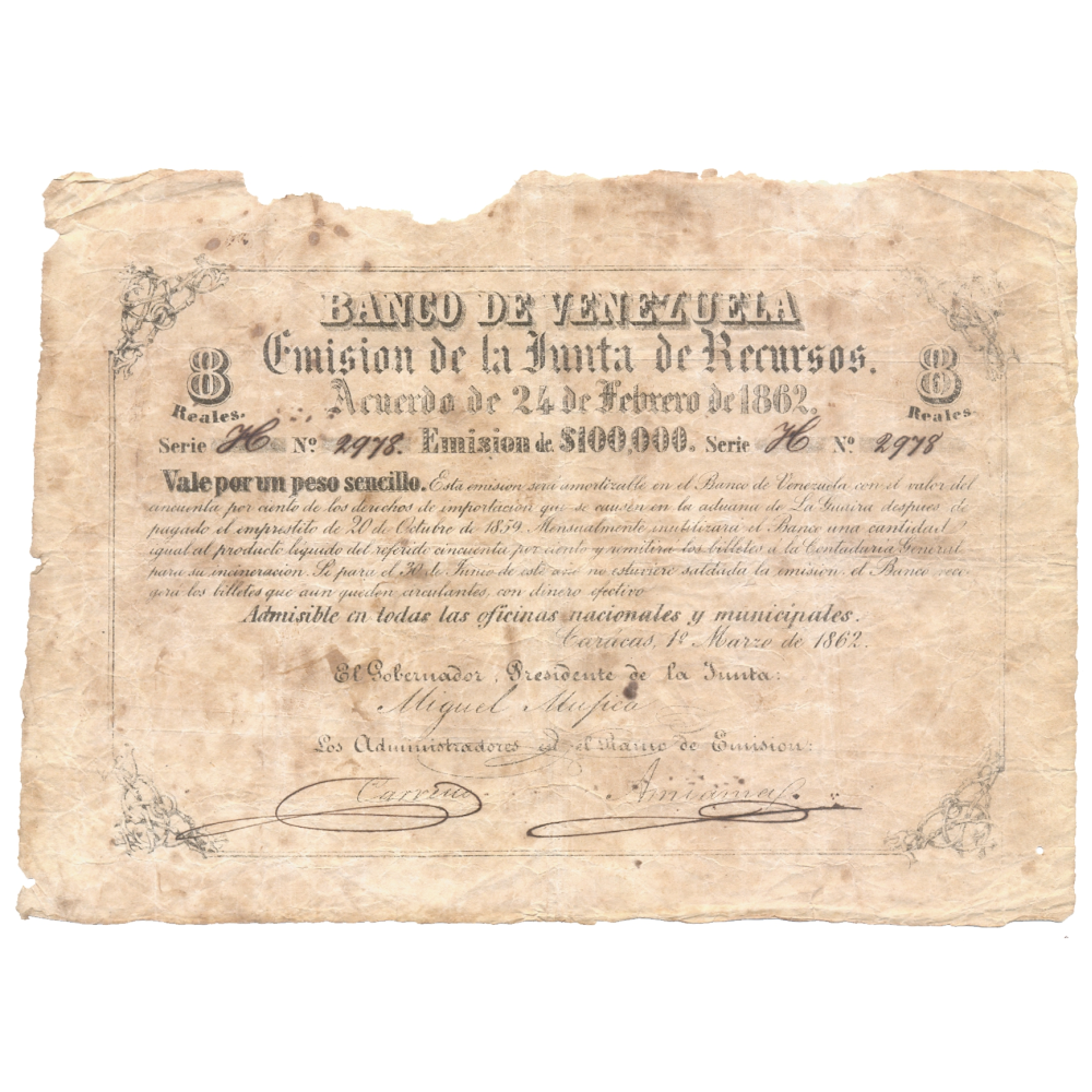 Billete Banco de Venezuela 8 Reales / 1 Peso 1862 Serie H N°2978 - Numisfila