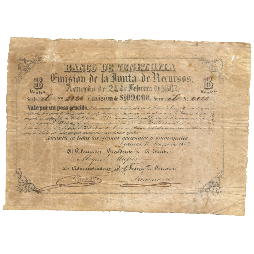 Billete Banco de Venezuela 8 Reales / 1 Peso 1862 Serie X N°2926 - Numisfila