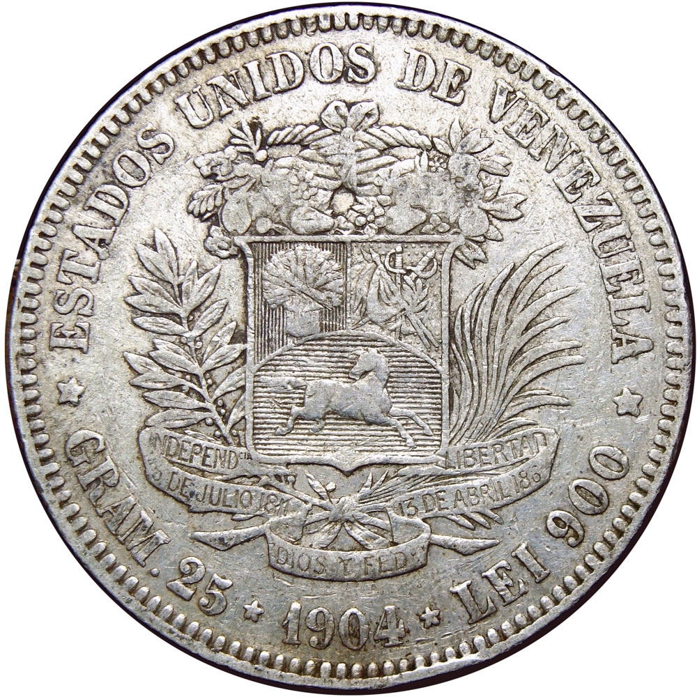 Moneda de Plata 5 Bolívares - Difícil Fuerte 1904  - Numisfila
