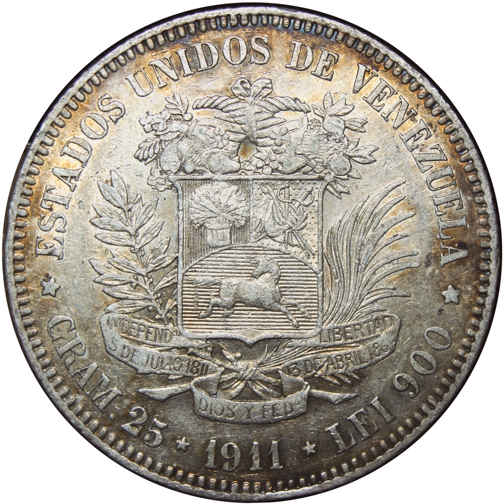Fuerte Moneda de Plata 5 Bolívares 1911 Fecha Ancha - Numisfila