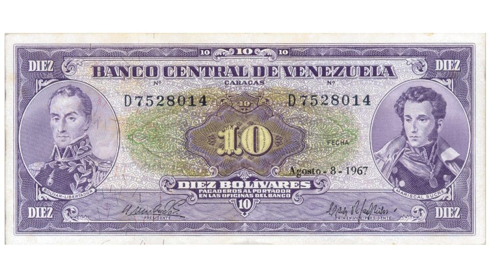 Billete 10 Bolívares 1967 D7 Serial D7528014 - Numisfila