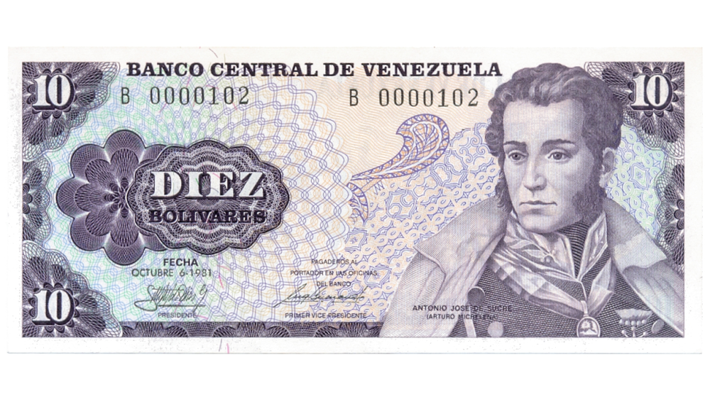 Billete 10 Bolívares 1981 B7 Serial Bajo B0000102 - Numisfila