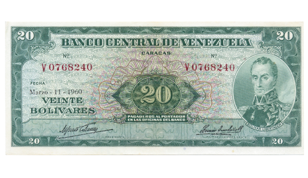 Billete 20 Bolívares 1960 V7 Serial V0768240 - Numisfila