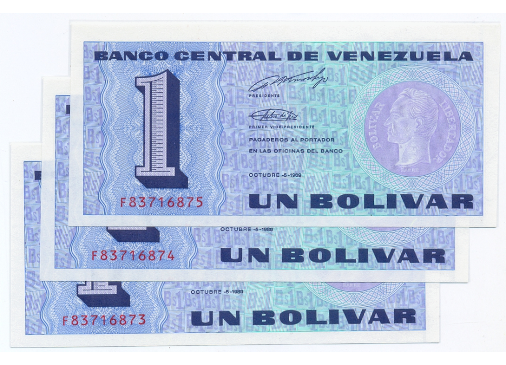 Trío Billetes 1 Bolívar 1989 Difícil F8 Seriales F83716873 al F83716875 Tinoquitos - Numisfila