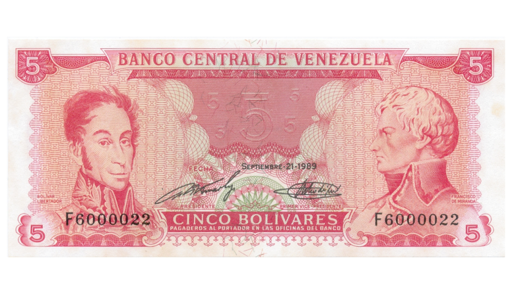 El 22 Billete 5 Bolívares 1989 Serial F6000022 F7 Comienza en F6000001 - 1ra Serie del Año - Numisfila