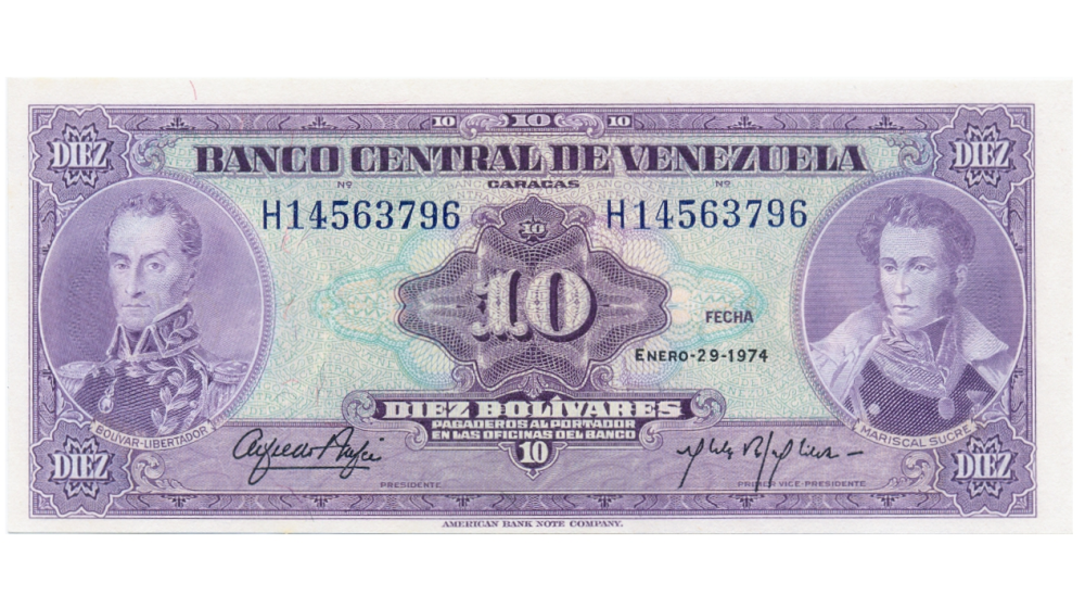 Billete 10 Bolívares 1974 H8 Serial H14563796 - Numisfila