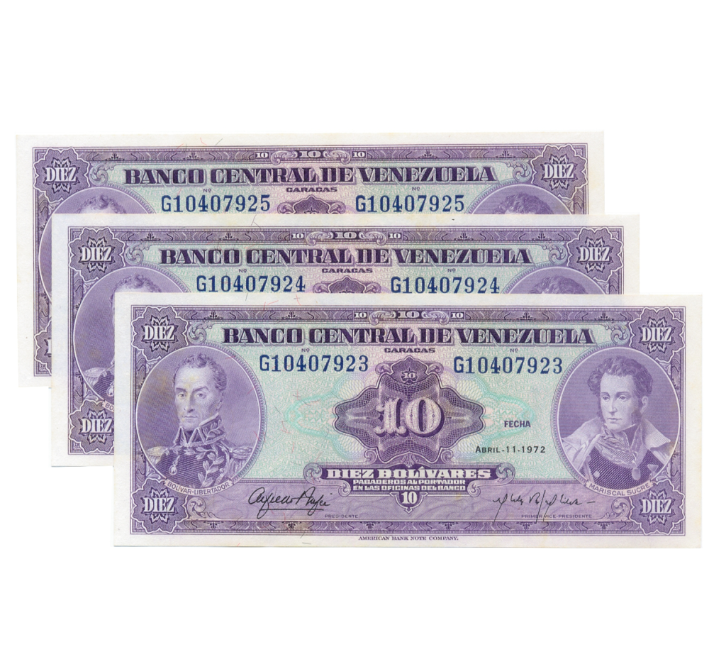 Trío Billetes 10 Bolívares 1972 G8 Seriales G10407923 al G10407925 - Numisfila